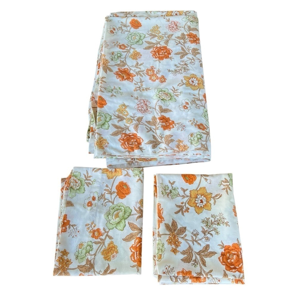 Vintage Bibb USA Coventry Garden 3-Piece Floral Sheet Set Orange Green Full